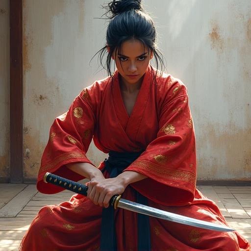 Fierce female warrior with black hair and red kimono holding katana swords in dojo setting. Focus on action and intensity in training pose. Traditional Japanese art style with intricate details.
