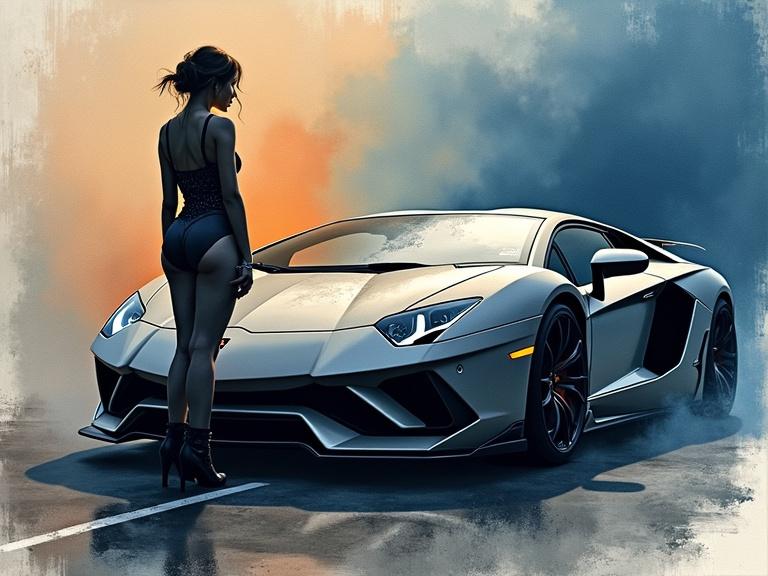 A beautiful young pin-up girl standing against the front of a Lamborghini. The art fuses whiskey-splatter watercolor style with surreal elements and atmospheric effects. It uses chiaroscuro contrast and soft-focus effects. Features muted earthy tones with silver and crimson highlights. Ink splatters add movement and depth.