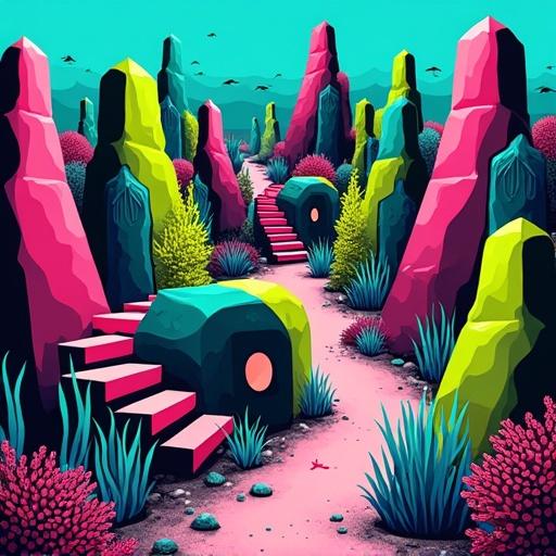 A vibrant underwater maze filled with oversized coral towers. Bright pink, green, and teal colors dominate the scene. Stylized fish swim through archways. Checkerboard seaweed grows on the sandy floor. Black outlines define shapes. Glowing starfish eyes peek through portholes in coral.