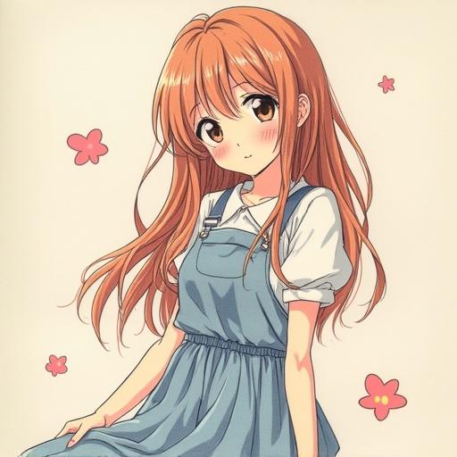 Emo anime girl depicted on a notebook page. She has long hair and cute features. Drawn with a pen in a 2000s anime style reminiscent of Matsuri Hino. Floral elements included. Soft expression against a simple background.