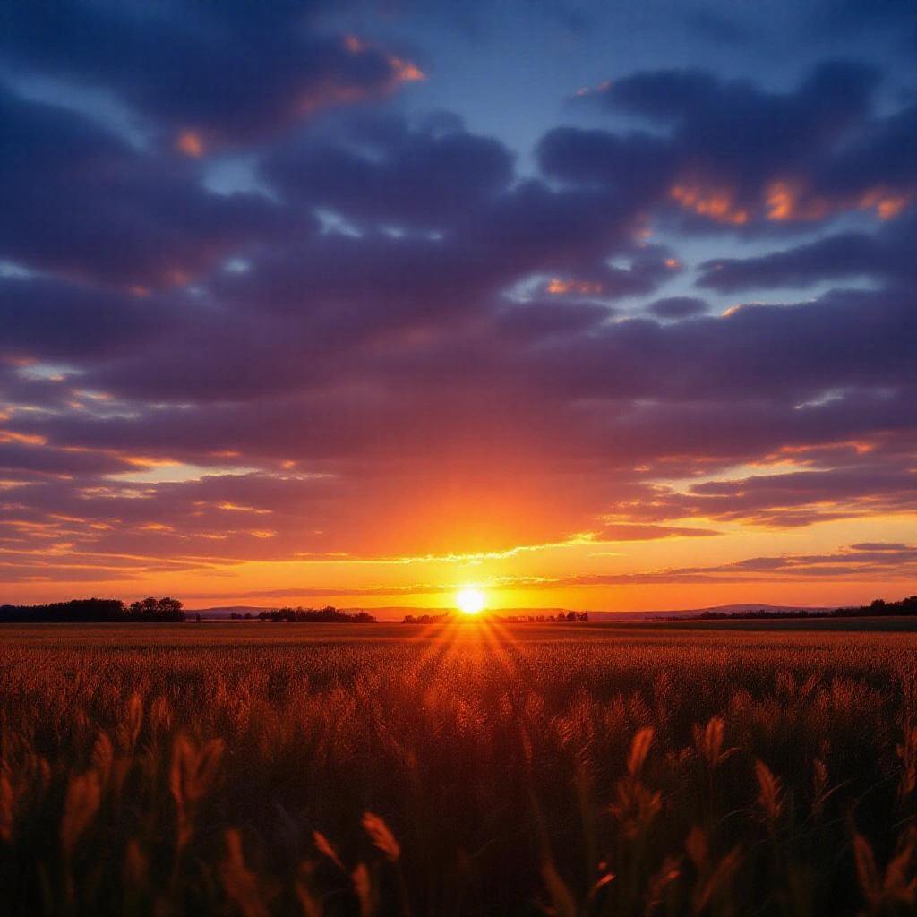 Photo realistic image depicting a vibrant sunset. Warm colors fill the sky. A serene landscape with a field in the foreground. Sun sets on the horizon. Soft clouds enhance the view.