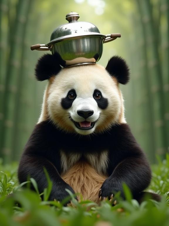 A panda is smiling. A stainless steel colander is on its head. The panda is in a bamboo forest. The scene has a grassland style. Natural green style is evident. The texture appears plush.