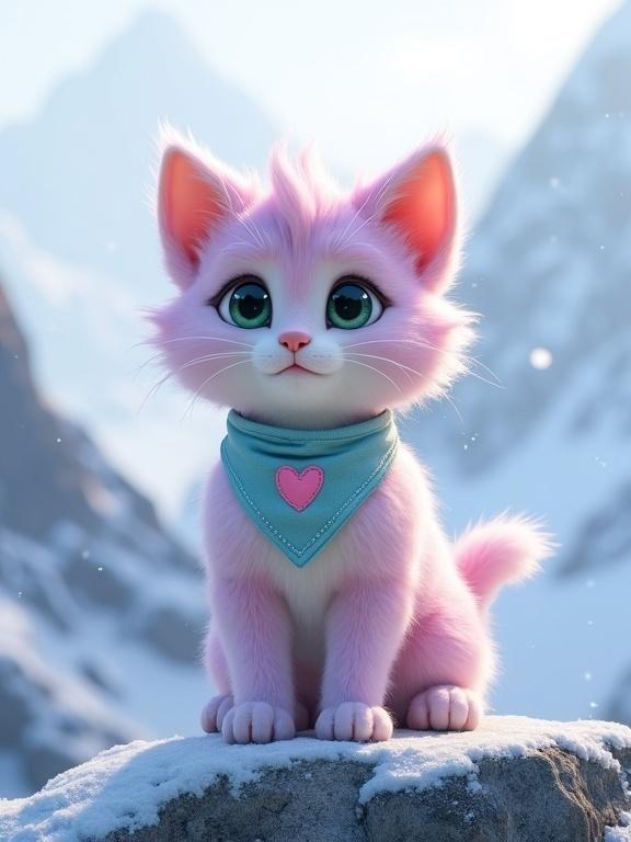 Fluffy anthropomorphic kitten with pastel pink and lavender fur. Creamy white belly and large green eyes. Oversized Pixar-style head and soft features. Tiny paws and perky ears. Wears light blue bandana with stitched pink heart. Stands on snow-dusted grey rock. Background shows snowy mountain range under overcast sky with gentle snow falling. Style is Pixar animation, heartwarming, highly detailed.