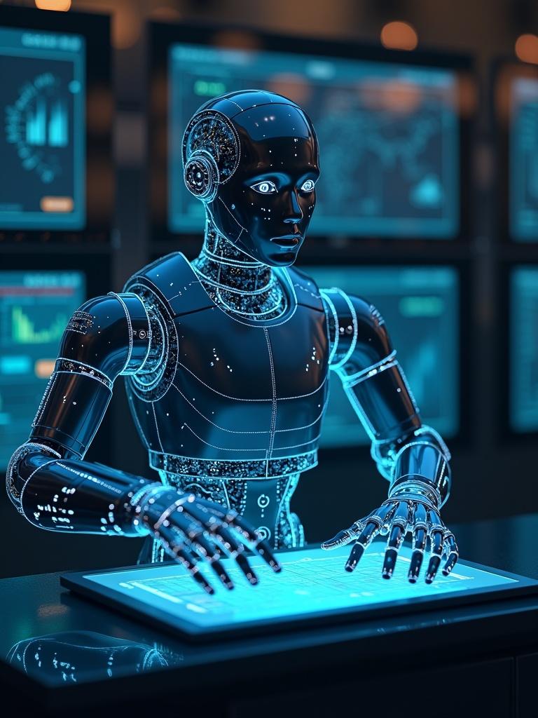 A futuristic robot interacts with a glowing touchscreen in a technology-rich environment. The robot is designed with a sleek, metallic body. It showcases advanced AI capabilities. The background features multiple screens. The screens display various data and graphs.