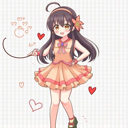 An illustration of a girl in a cute dress with a heart motif. She has a flower in her hair and holds a playful object.