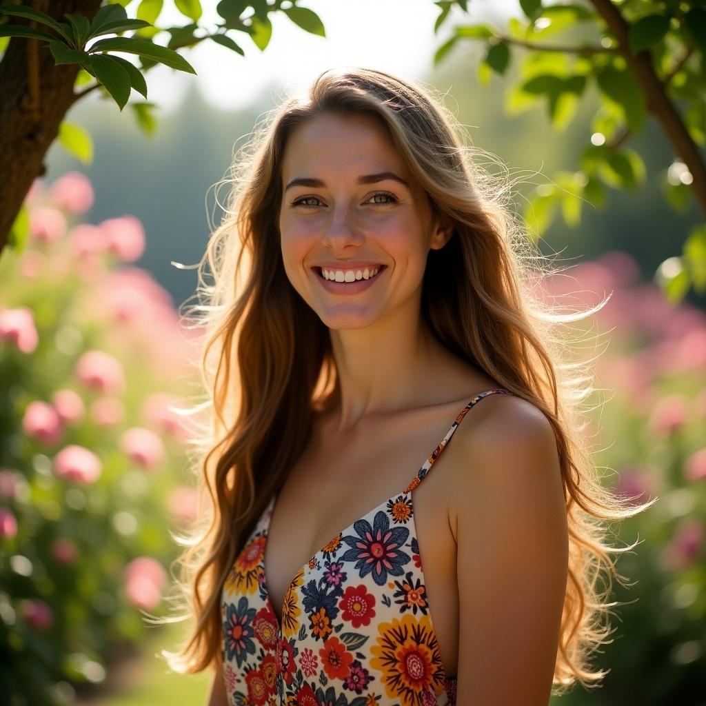 Portrait of a woman in a floral dress smiling in a garden with blooming flowers. The photo is taken in soft light during daytime. The woman has long hair and is naturally beautiful.