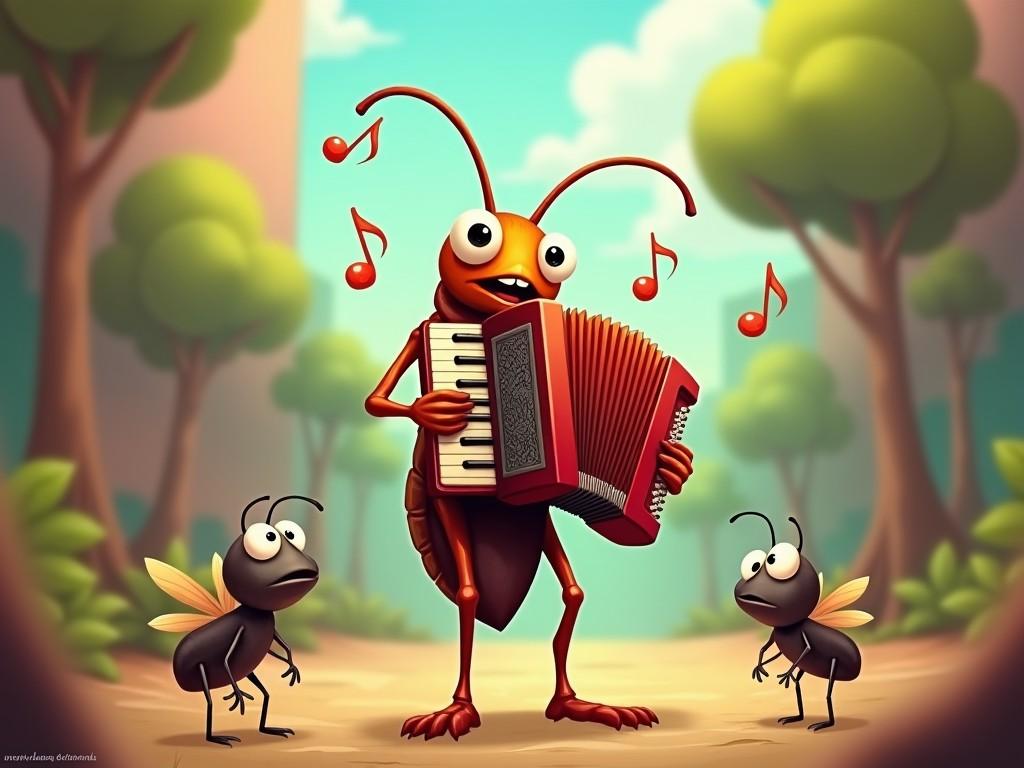 An ant playing an accordion with musical notes around, and two surprised ants watching in a forest setting.