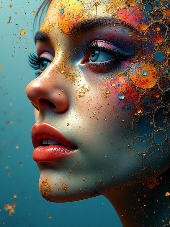 Close-up of a face with detailed abstract patterns and iridescent colors. Art inspired by Escher and modern abstract techniques. Features vibrant colors and intricate details.