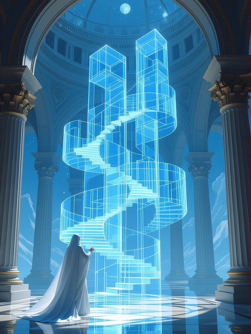 A figure in flowing robes creates designs for impossible buildings. Translucent blueprints float in space. Structures defy reality with staircases leading to the sky. Rooms exist within rooms. Towers that challenge gravity. Blueprints materialize with a touch. Mathematical equations support the designs. Style reflects Piranesi's fantasy and Nolan's reality-bending.