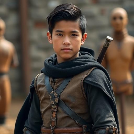 Teenage boy stands in a medieval training ground. He shows calm and focused expression with hints of innocence and warrior determination. He has medium-length sleek black hair with subtle red highlights. He wears lightweight scout armor and a dark hooded cloak. His gear shows slight dust and wear. He stands poised and alert. The composition features soft natural lighting and an earthy muted color palette.