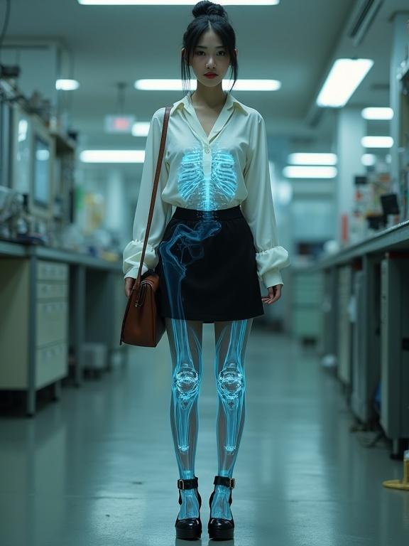 Full-body image of cyborg female spy in a lab. She wears a pearl-white blouse and black skirt. Her legs are in sheer black pantyhose and black heels. Neatly bunned black hair. Holographic X-ray shows cyborg components in her torso, glowing cyan-blue.