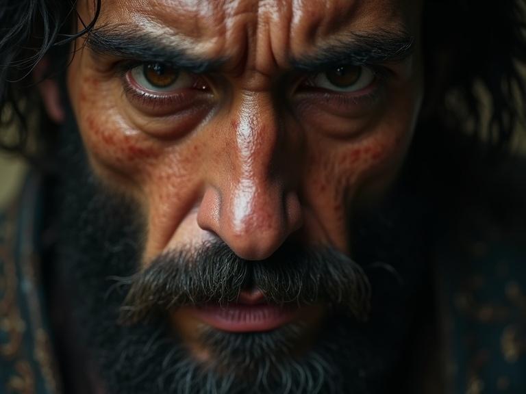 Close-up on the face of a tormented prophet with a dark beard. Eyes filled with fear and determination. Cinematic style. Realistic detail with natural light.