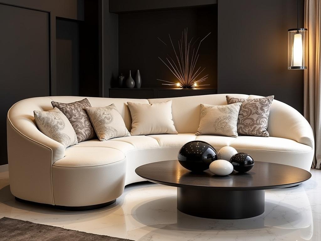 This image shows a modern, stylish lounge area with a contemporary design. The centerpiece is an elegant, curvy sofa in cream color with plush cushions, featuring intricate textures and floral patterns. Across from the sofa, there’s a round ottoman that complements the soft color scheme. The decor includes a sleek coffee table adorned with glossy black and white spherical decorations and radiating soft warm lights. The room has a minimalist feel with dark walls, and the flooring appears polished and reflective.