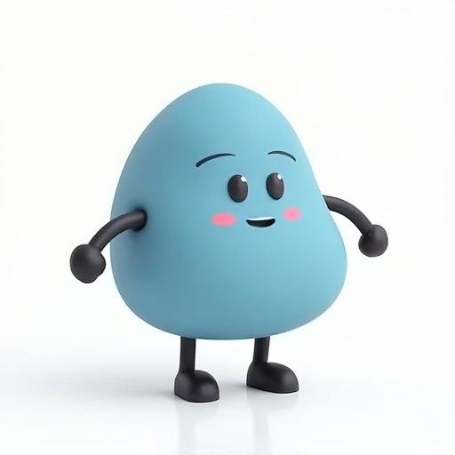 Create a cute character that looks like a blue pebble with arms and legs. The arms and legs are black. The character has a cheerful expression and a rounded shape.