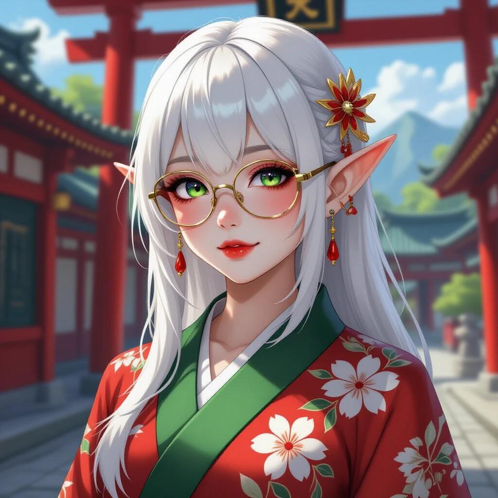 An elf character stands before a Japanese temple. Character has long white hair. One eye is green and the other red. Qipao clothing features floral patterns. She wears shiny glasses. Background shows traditional architecture.