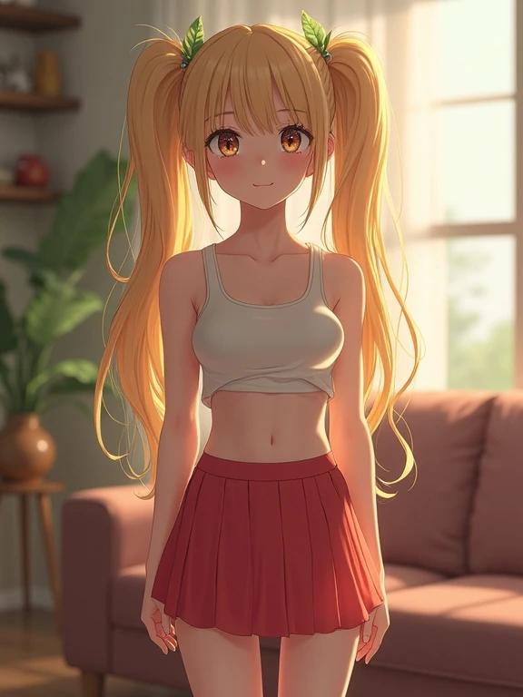 An illustration of a young girl in a crop top and mini skirt stands in a bright living room. She has long blonde twin tails and is in a casual pose. The background features a cozy sofa and plants. The image is bright and warm.