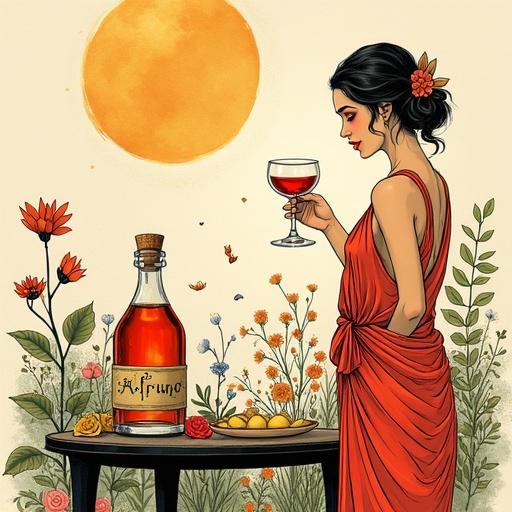Stylized advertisement showcasing a speakeasy atmosphere. A goddess figure toasting with a glass of herbal liqueur, surrounded by wildflowers and greenery. A bottle labeled 'ALFRUNO' prominently featured, radiating a warm glow. Elegant and minimalistic design inspired by zen art principles.