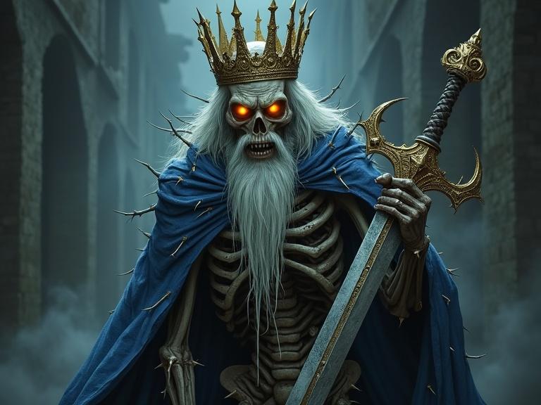A ghostly undead king stands in a misty tomb. He has glowing orange eyes and a long white beard. His tattered blue cloak flows around him. He wears a detailed spiky golden crown. Sharp thorns protrude from his skeletal frame. He holds a large ornate sword. The atmosphere is dark and eerie.