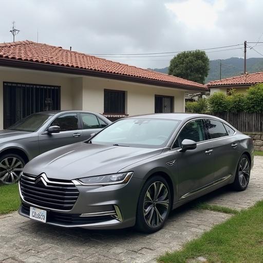 Two Citroen C6 2.7 HDi parked in front of a house in Valparaíso, Chile. One car is silver, other is gray. Scene shows a suburban area with buildings and cloudy sky.