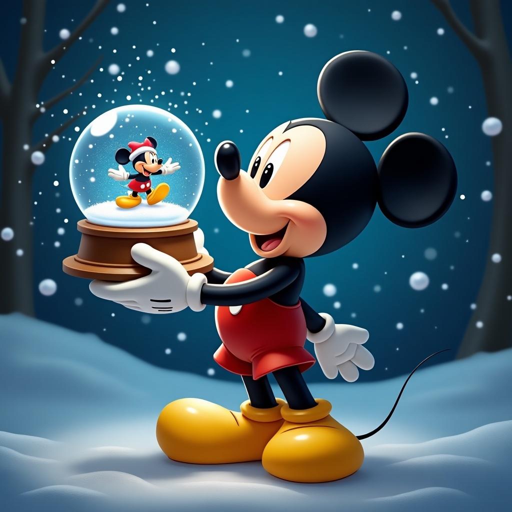 Mickey Mouse holds a snow globe. Character features winter scenery. Background with falling snow. Snow globe contains a miniature version of Mickey.