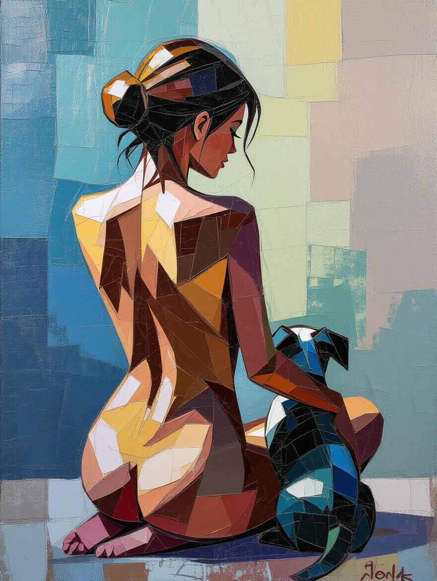 Highly textured encaustic painting featuring a nude model seen from behind with her dog. Painting emphasizes thick brushstrokes and abstract shapes.