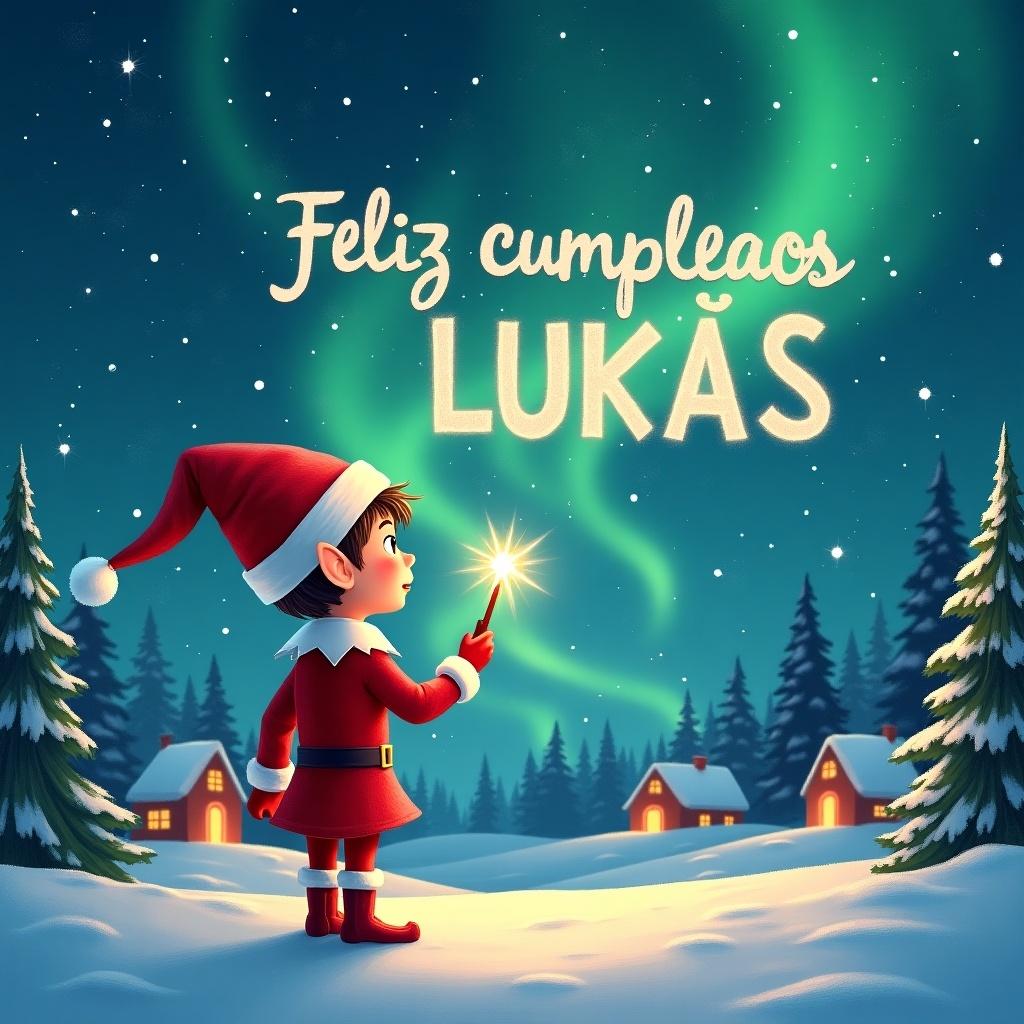 An elf gazes at a magical sky wearing a red outfit. The elf holds a sparkling wand and writes 'Feliz cumpleaños LUKAS' in the sky. The background features a snowy landscape with houses and evergreen trees under Northern Lights, capturing childhood magic and Christmas cheer.