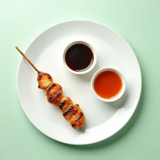 Minimalist food scene featuring a clean white round ceramic plate on a soft pastel green background. A single grilled chicken skewer with golden brown, juicy texture and defined grill marks. Two small dipping dishes of dark glossy teriyaki sauce and vibrant red-orange Thai sweet and sour sauce placed beside the skewer. Image shot from above.