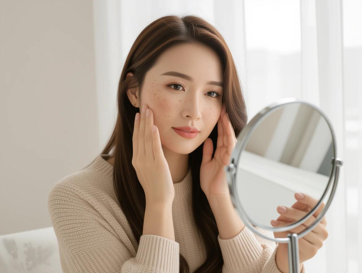 Asian woman examines skin in a mirror. Natural light fills the room. She has melasma on her face. Casual attire. Focus on skincare routine.