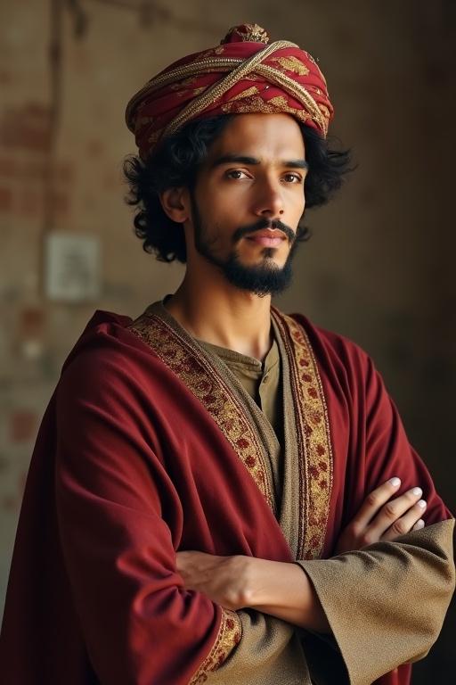 Portrait of a young man in traditional Middle Eastern attire. A deep red garment with intricate golden patterns drapes over the shoulders. The man stands confidently with arms crossed. Soft indoor lighting highlights the rich textures of the fabric.