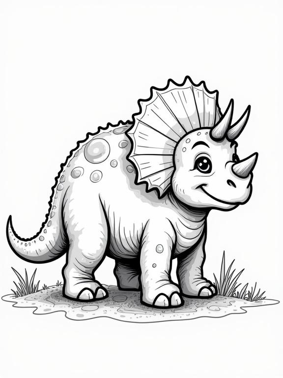 Illustration of a friendly Triceratops for children to color. Character has large frill, three horns, and a cheerful expression. Appropriate for kids and educational use.