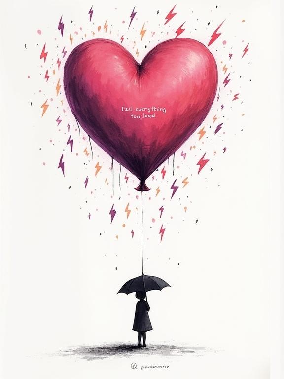 Surreal scene of heart-shaped balloon floating above figure's head. Balloon filled with lightning bolts and rain. Figure holds tiny umbrella for protection. Minimalist background to highlight emotion. Text on design says 'I feel everything too loud.'