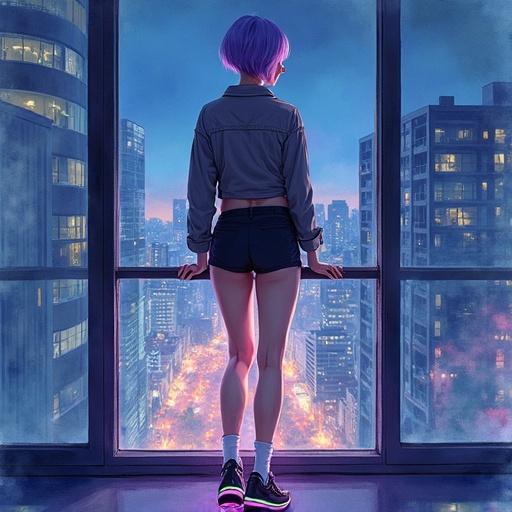 Watercolor painting of a young woman with short violet hair. Slim muscular body. Wearing a crop cargo jacket and sport shorts. High platform sneakers with glowing LED stripe and knee socks. Legs crossed and arms behind her back. Leaning on a wall-sized window with a night city view. Dim, cinematic light. Looking at the camera. Soft bleeding edges, brushstrokes. Watercolor canvas style.