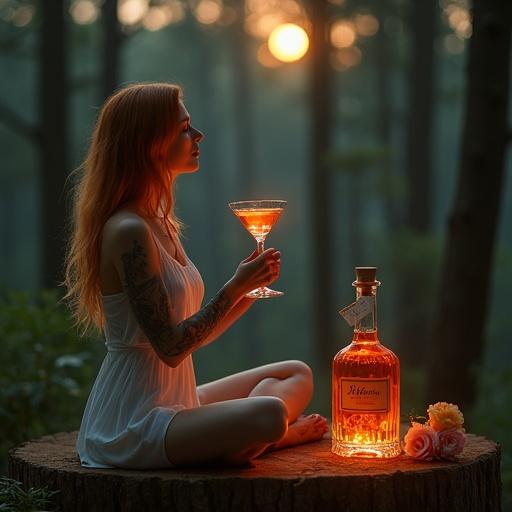 Goddess in a quiet forest. She has delicate tattoos. Her hair is golden-reddish. She holds a cocktail glass. The drink is shimmering. A labeled bottle called 'ALFRUNO' is on a tree stump. The setting has a soft glow. Roses and rosemary are nearby. The atmosphere is mysterious and elegant.