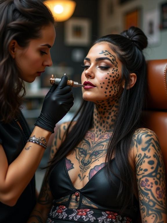 Individual with extensive tattoos is seated in a stylish chair. Tattoo artist uses a tattoo gun to enhance the tattoo work on the individual. Artistic setting filled with tattoo culture elements.