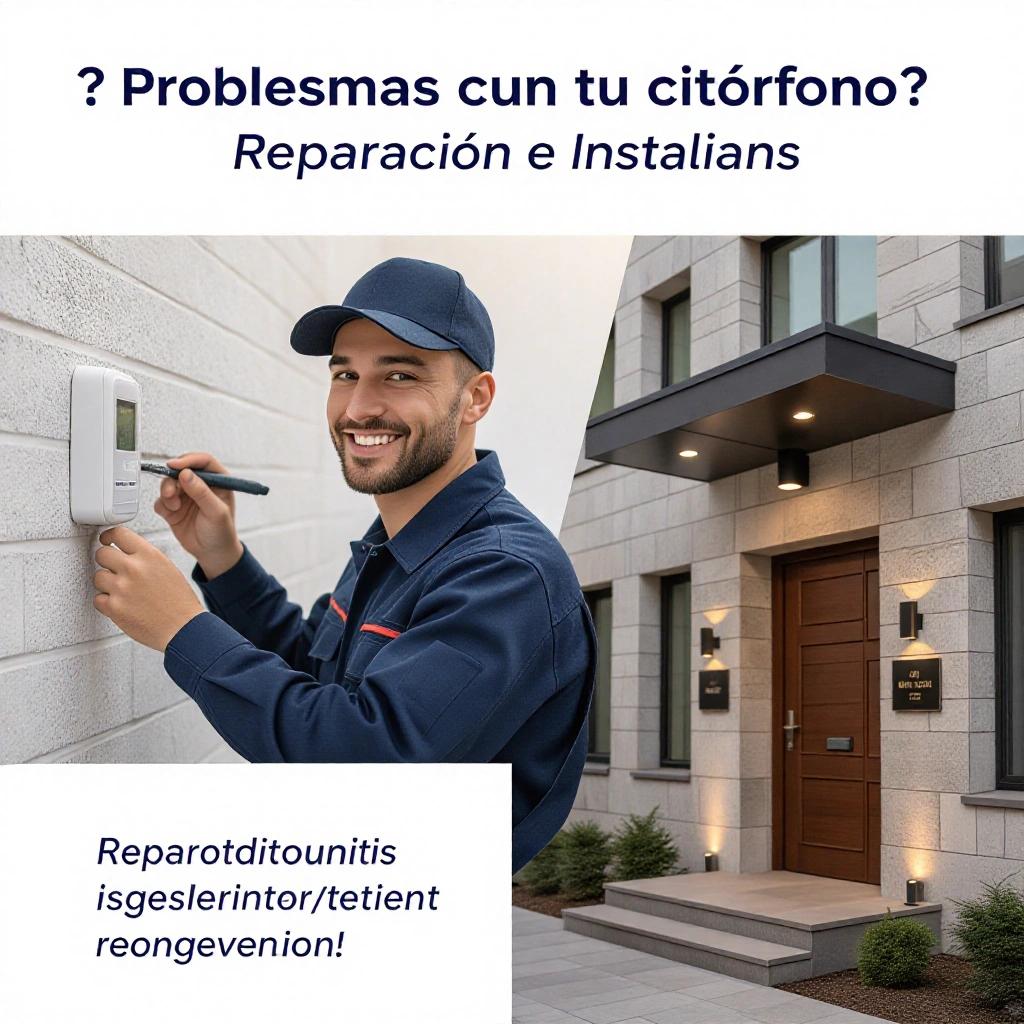 Visual of a technician in uniform repairing an intercom on a wall. Focus on professionalism and satisfaction. Text at the top asks about intercom problems. Central call to action highlights the offer. Bottom includes WhatsApp contact information. Background features a residential building.