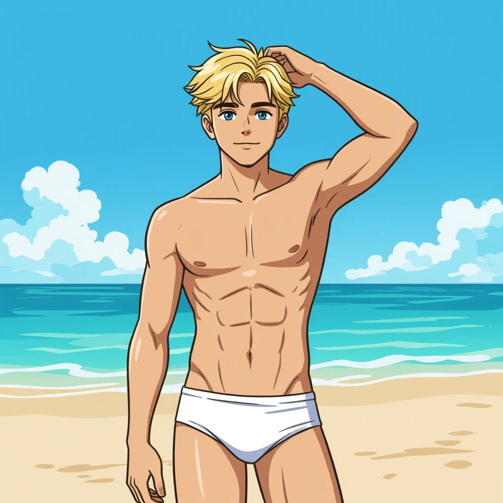 Twenty-year-old male stands at beach. He has blonde hair. Wears a white swimsuit. Right hand brushed through hair. Left hand placed at hips. Semi-realistic comic style with heavy outlines.