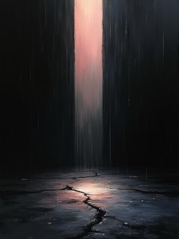 Digital oil painting features a dark background with a vertical light beam. The floor has a visible crack with a hollowed appearance revealing blackness below. The painting includes formless voids and minimalist elements. Harsh paint strokes create an abstract feel with flat colors. Shadows and light create layers unusual in cubist style.