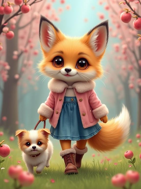 A golden kawaii fox in fluffy boots and cardigan stands joyfully in a spring garden. It wears a denim skirt and walks a small bichon dog. The background features blooming apple trees, creating a magical atmosphere in soft lighting, capturing the essence of spring. This high-quality fantasy art presents a playful and charming scene.
