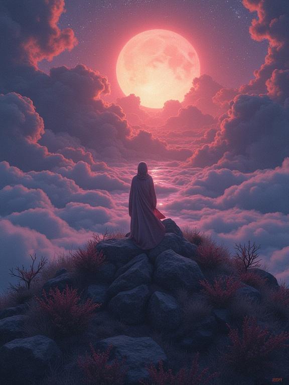 A cloaked figure standing on a rocky outcrop looking at a large moon in a cloudy sky. The scene is filled with soft pinks and purples. The atmosphere is dreamlike and surreal. The environment has a mystical quality with bright celestial elements.