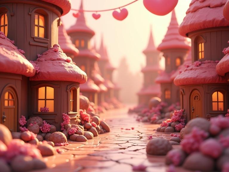 A vibrant and playful 3D digital illustration of a whimsical kingdom made of chocolate. The scene features candy-like houses with dynamic lighting and a glowing path filled with rich colors and delightful details.