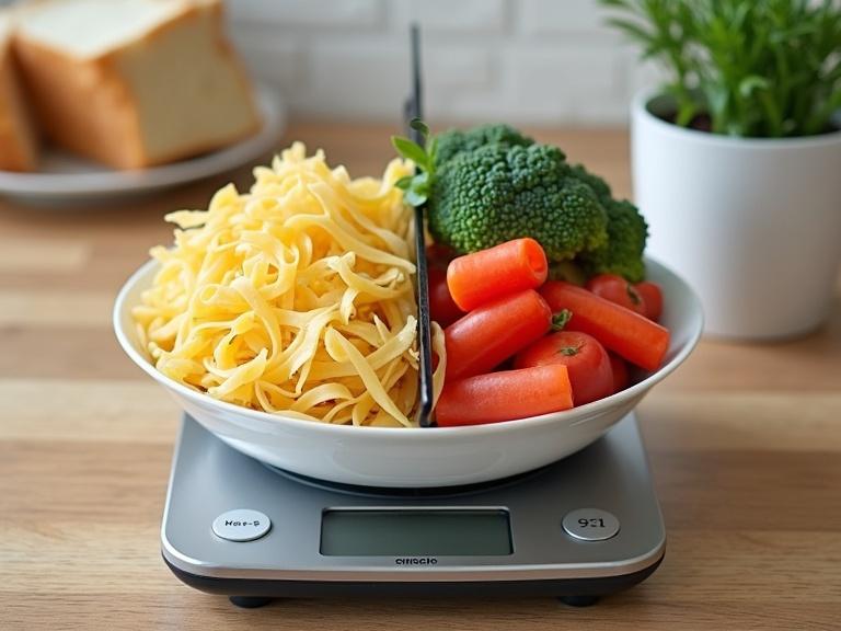 Digital scale on a table with one side showing carb-rich foods like bread and pasta. The other side displays low-carb vegetables and proteins. An arrow points downward on the low-carb side.