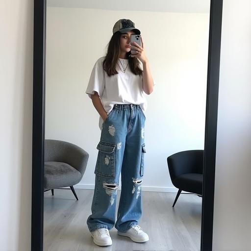 Image shows a full-body mirror selfie in a minimally styled room. A person stands in front of a large mirror holding a smartphone. The individual wears a white t-shirt and distressed, wide-leg blue jeans with rips at the knees. A backward baseball cap and chunky white sneakers complete the look. The modern room features white walls and pale wood flooring, with a black lounge chair visible in the background.