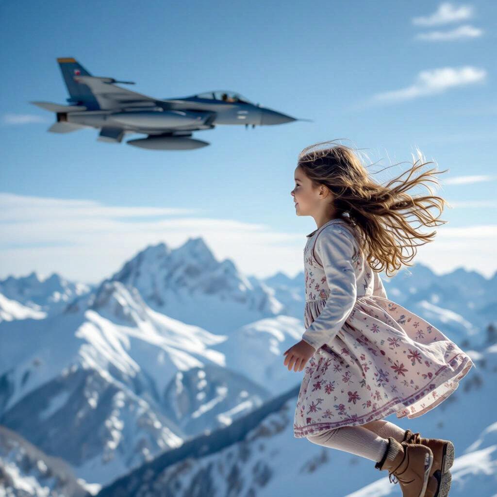 Young girl with long hair in a dress playing in the air beside a fighter jet over snowy mountains