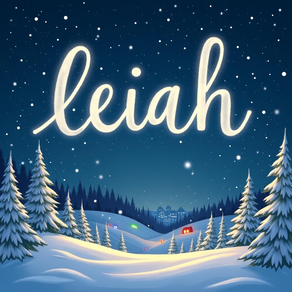 This image depicts a tranquil winter night scene. In the foreground, there are snow-covered hills adorned with pine trees. In the background, small houses with festive lights create a cozy atmosphere. Above it all, the name 'Leiah' is elegantly written in sparkling letters by Santa Claus. The night sky is filled with twinkling stars, enhancing the magical feel of the scene. This artwork captures the essence of winter joy and holiday spirit.