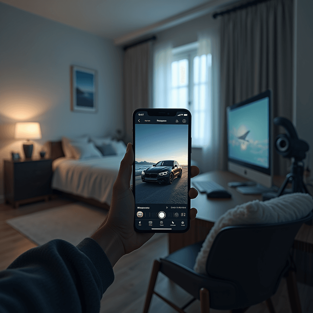 A hand holds a smartphone displaying a car photo in a modern, softly lit bedroom with a computer on a desk.