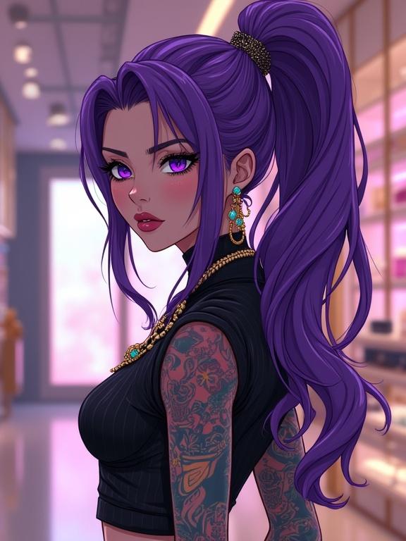 Anime character with amethyst purple ponytail inside a modern Louis Vuitton boutique. She has colorful traditional galactic Yakuza tattoos and wears fashionable Louis Vuitton printed streetwear. The setting is elegant and high tech with a focus on jewelry and fashion.