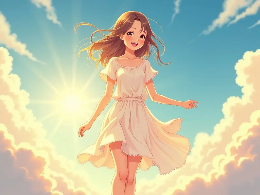 Anime-style illustration of a smiling lady walking on the clouds. She appears cheerful and free, hair swaying in the wind. Background contains soft, fluffy clouds and a warm sun glow. Her light dress emphasizes the ethereal feeling. The image conveys wonder, fantasy, and peace.
