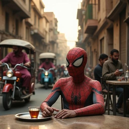 A cinematic capture of Spider-Man in Helwan, Cairo. He sits tired yet relaxed in a dusty Spider-Man suit, sipping tea in a street café. Young men in traditional outfits around him engage in leisure activities. Background features vintage-looking tuk-tuks and weathered buildings. Warm lighting enhances the nostalgic feel.