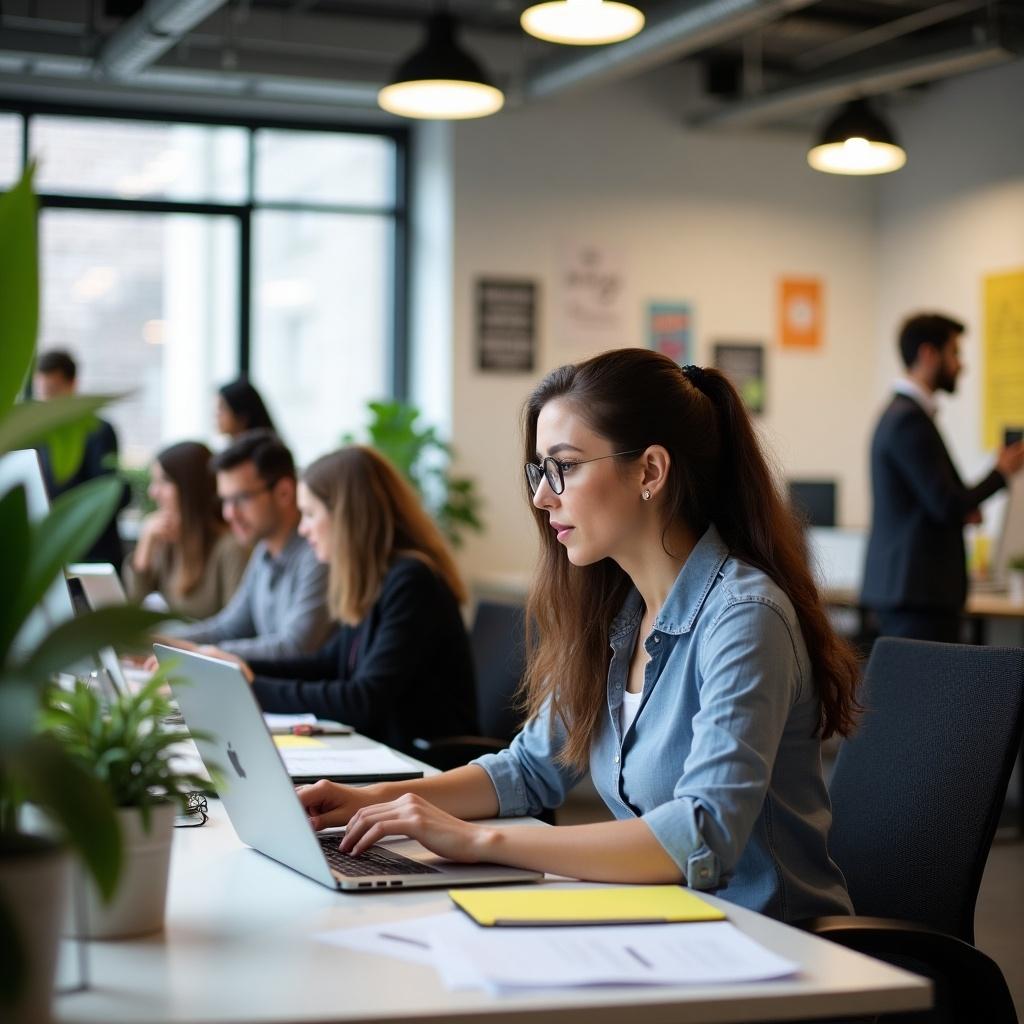 A professional office environment with multiple people working. A woman typing on a laptop. Plants and natural light create a vibrant atmosphere. Others engaged in work and discussions.