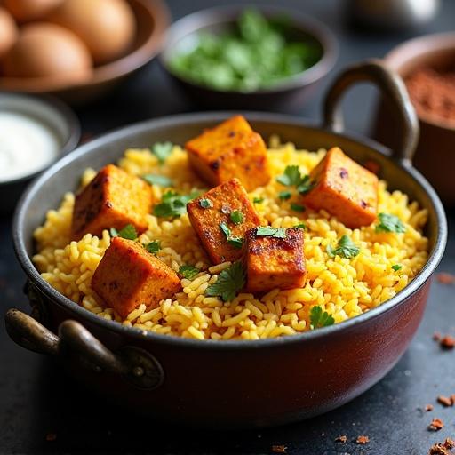 Generate a vibrant paneer dum biryani served in a pot with aromatic basmati rice topped with grilled paneer cubes and garnished with coriander.